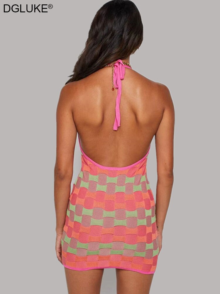 Geometric Print Halter Bodycon Dress Sexy V-Neck Backless Mini Dress Fashion Knitted Short Summer Dress Women 2022