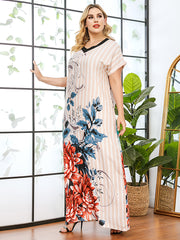 V-neck paneled  -fit printed maxi dress