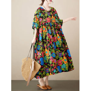 Simple bohemian dress 2023 summer new pastoral style extra wide short-sleeved large  dress