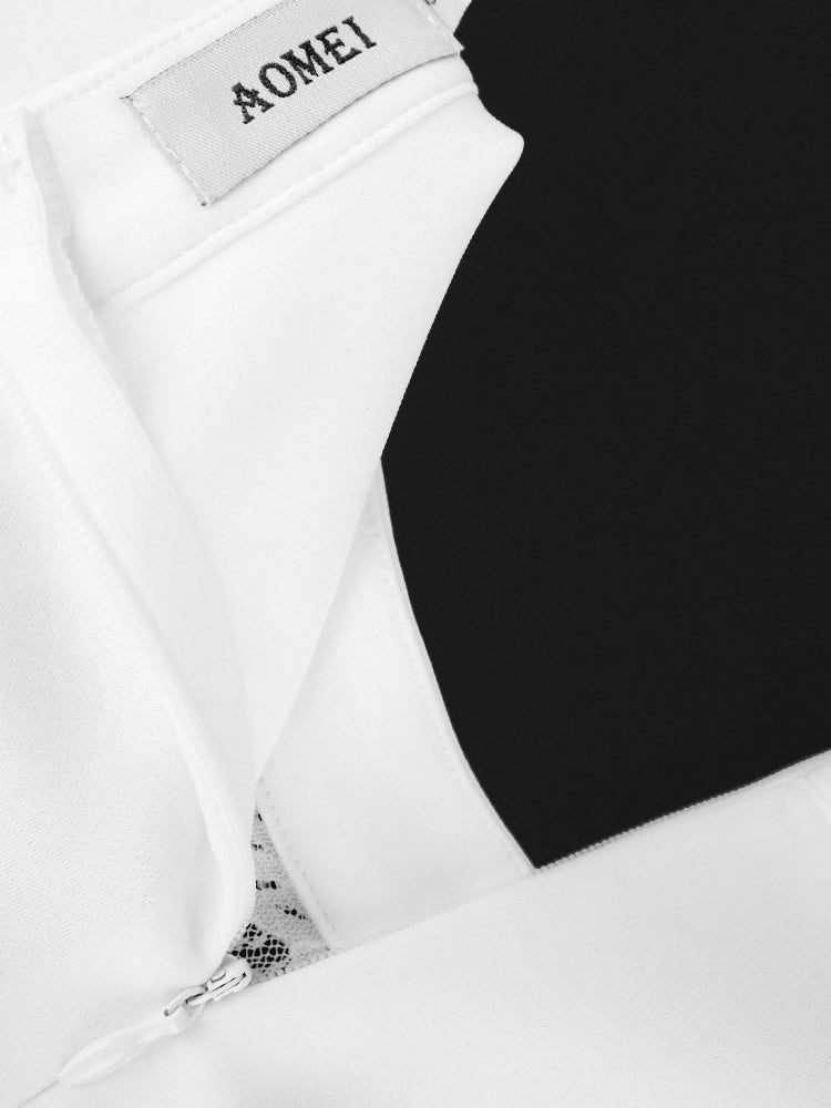 AOMEI White Bodycon Lace Dress Women High Neck See Through Deep V Long Sleeve Elegant Midi Robes Party Evening Wedding Event New