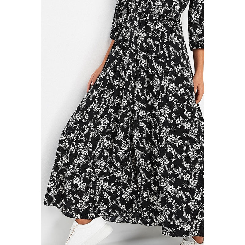 فستان ماكسي كلاسيكي بطبعة زهور للنساء بوهو بأكمام ثلاثة أرباع فستان طويل وشاحات وياقة مقلوبة فساتين غير رسمية رداء