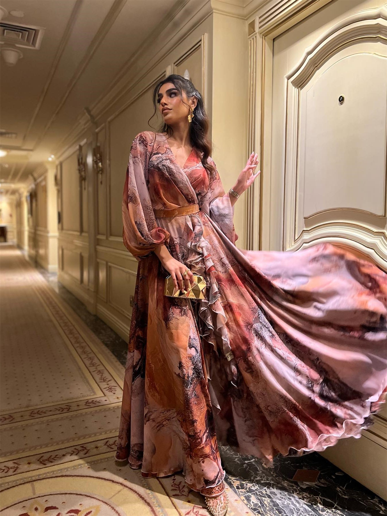 SWEET PRINTED CHIFFON LONG DRESS