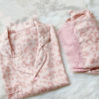 Summer leopard print silky short-sleeved shorts 2 home clothes thin  silk suit