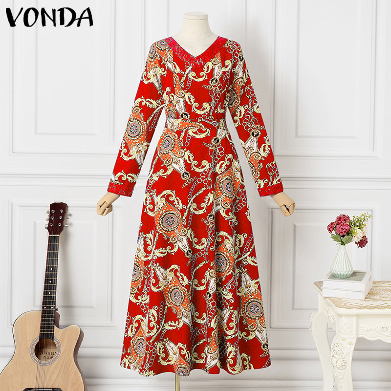VONDA Women Boho Vintage Random Pattern Printed Maxi Long Dresses Sping Autumn Casual Loose V Neck Long Sleeve Lace-up A-line Vestidos Plus Size