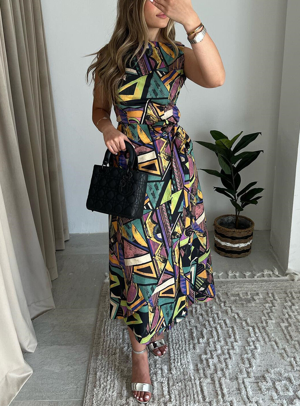 Multicolored Geometric Print Sleeveless Dress
