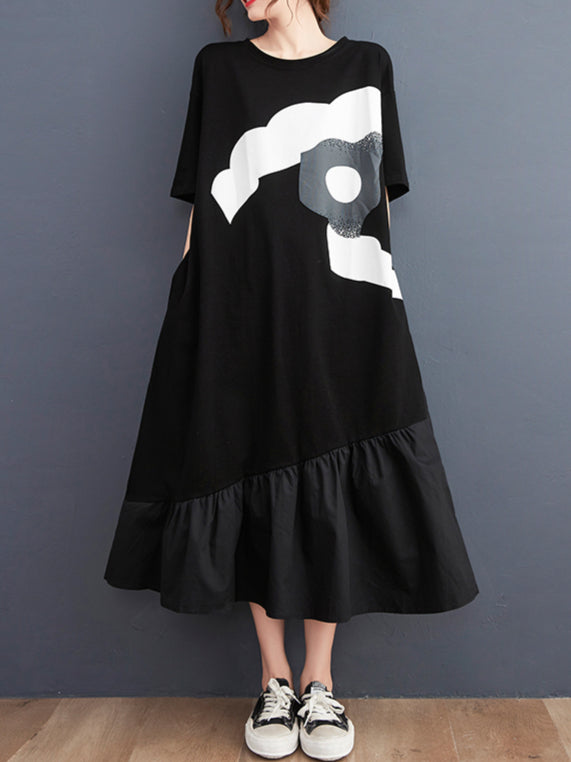 Women's European and American style summer new large size loose t-shirt women's mid-length straight slim ruffled irregular printed dress