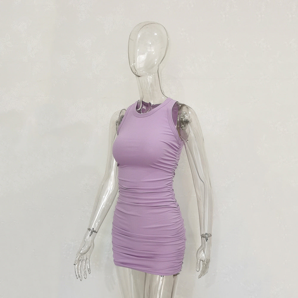 Sleeveless O Neck Pleated Bodycon Dress For Women Solid Sexy Fashion Lace-UP Midi Dress Spring Summer