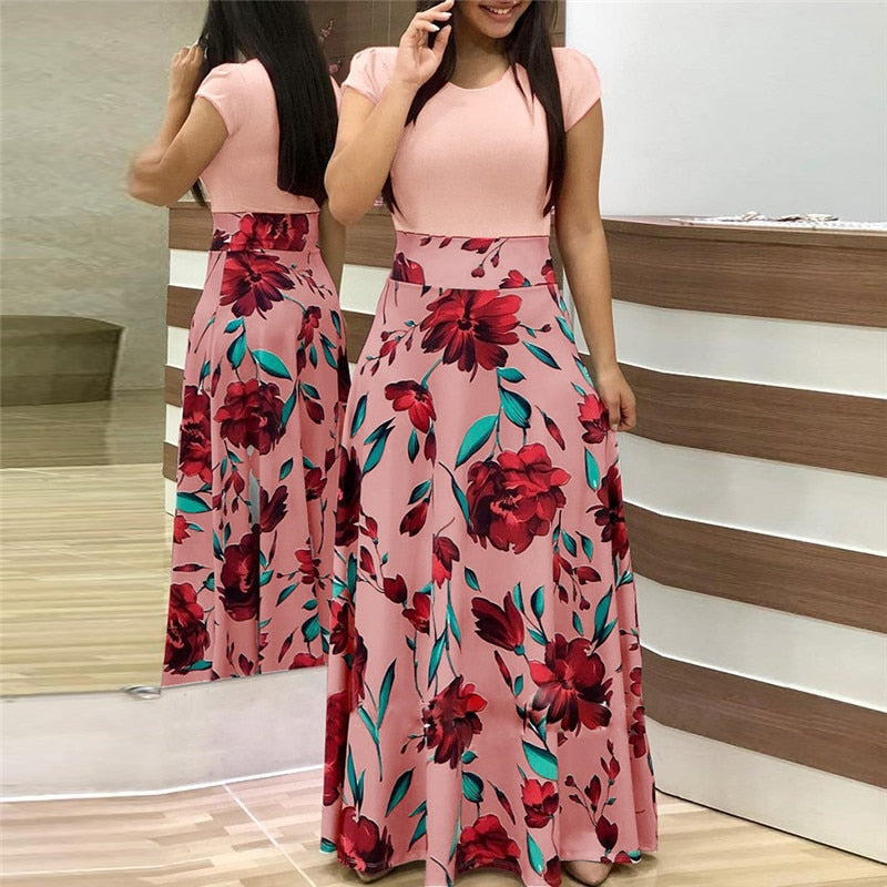 Floral Print Summer Boho Dress Women Casual Short Sleeve Patchwork Dress Ladies Elegant Party Dress Long Maxi Dresses Vestidos