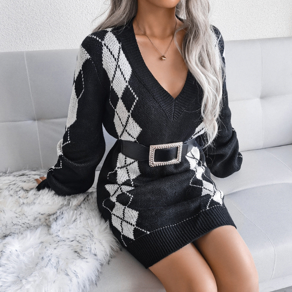 Women's Knit Dress Long Sleeve V Neck Y Bodycon Dress Women's Slim Party Mini Dress