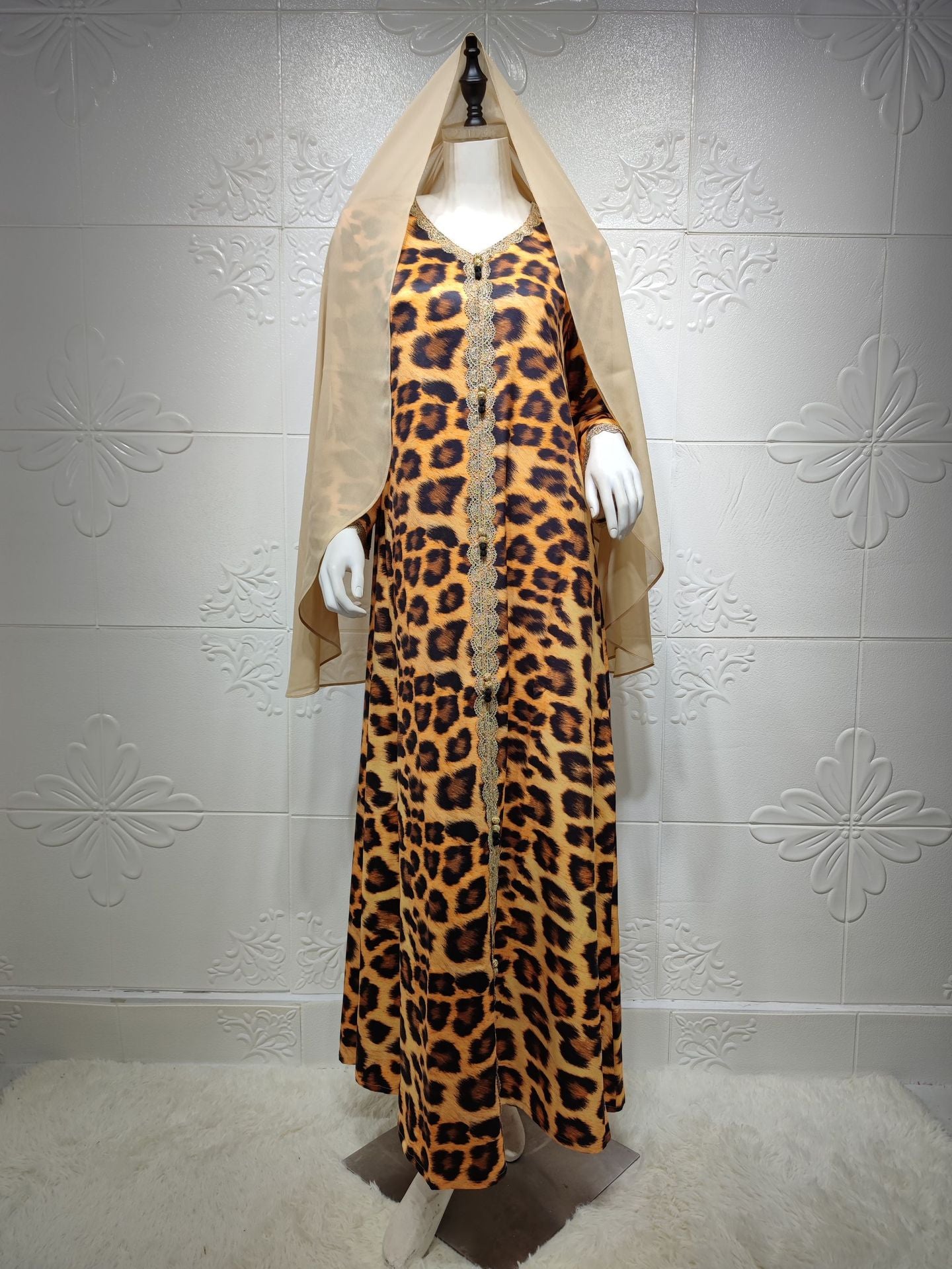 Jalabiya Leopard Print Maxi Dress Women Lace Patchwork Loose Arabic  Muslim Islamic Clothing