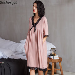 Patchwork Lace V-neck Women Nightgowns Knee-length Sexy Elegant Thin Half Sleeve  Summer Homewear Fashion Chic Soft Leisure