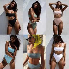 Women Swimsuit Ladies Fashion Green Color Matching Tie dye Bandeau Bandage Bikini Set Push Up Swimwear Beachwear