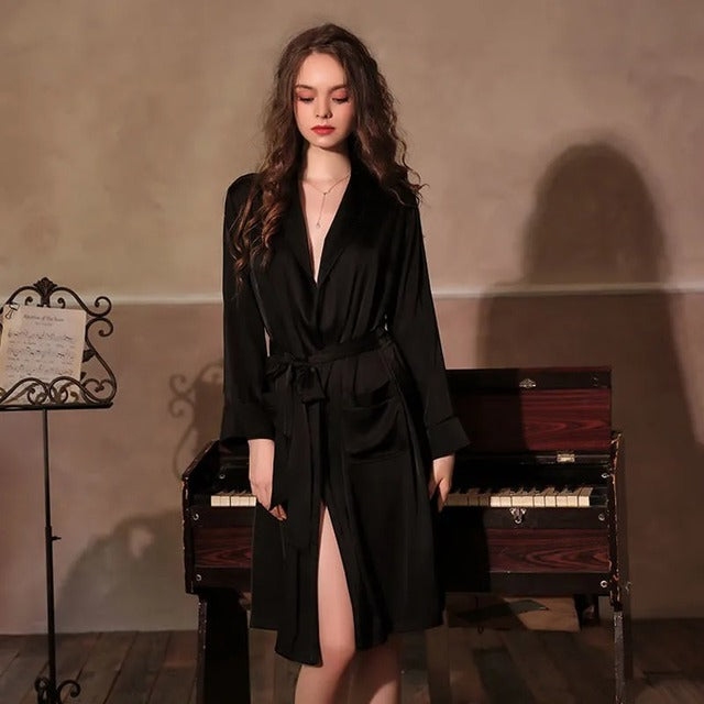 Satin Robe Women Bridal Wedding Bathrobe Gift  Pajamas Sexy Kimono Dress Long Lapel Bodywear with Pockets