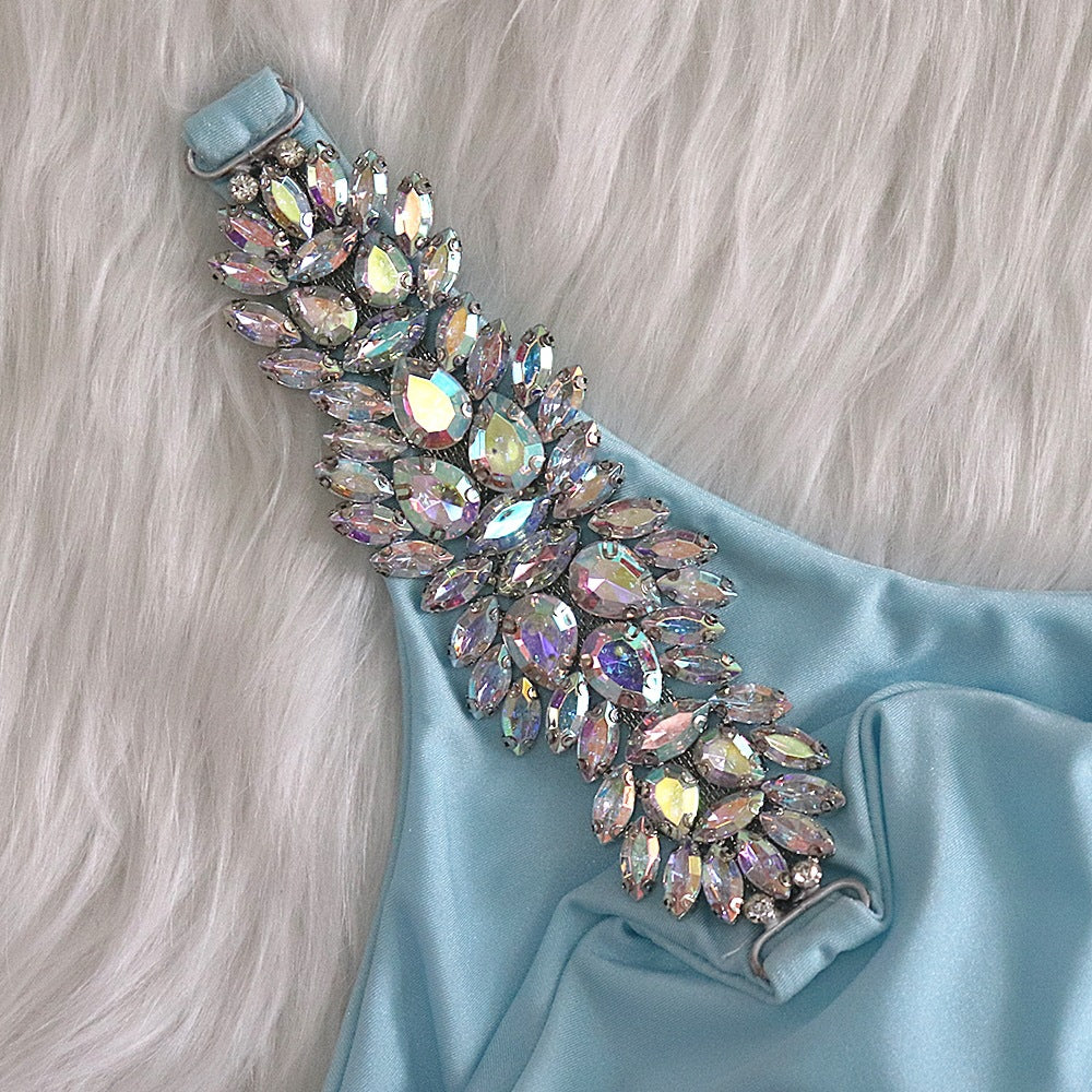 European and American bikini sexy crystal diamond bandage hollow solid color split female swimsuit one shoulder swimsuit