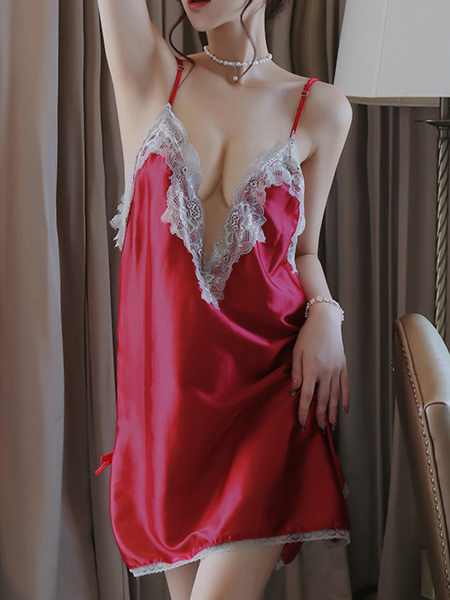 Ladies Fashion Lace Stitching Simulated Silk Homewear Nightdress J1JX1111YML