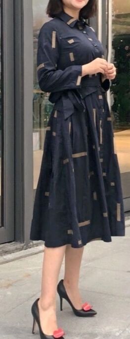 Elegant Fashion Geometric Print Belt Dress 2022 Spring Long Sleeve Lapel Loose Pullover Midi Dress Women Clothes 2r20 Print Irregular