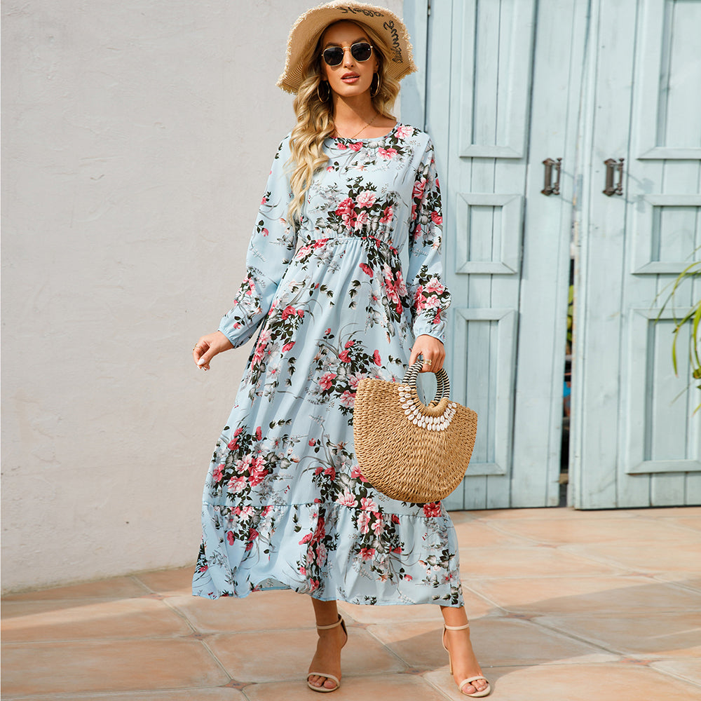 Sping Summer Bohemian Women Maxi Dress Casual Long Sleeve  Waist Beach Woman Chiffon Dresses Floral Vestidoes Mujer New
