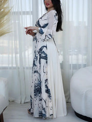 White Printed Chiffon Ink Waist  Dress