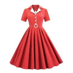 تنورة توفار ذات الياقة المدببة بإبزيم وحزام كلاسيكي منقوش متوسط ​​الطول للسيدات بأكمام قصيرة 50s فستان فيروزي