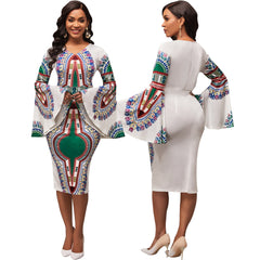 European and American dress sexy fashion digital printing V-neck long-sleeved women's dress