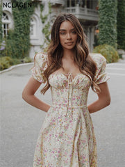 NCLAGEN 2022 بوهو الساحرة الأزهار طباعة فستان عطلة نفخة الأكمام شق Vestidos المرأة الصيف نادي الحفلات خمر فستان طويل رداء