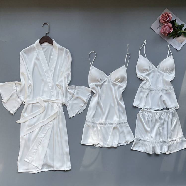Spring and Autumn Pajamas Women Chest Pad Nightgown Strap Silk Nightdress 4 Pcs Set Tops Long Sleeve Pijama Mujer Sexy Lingerie