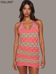 Geometric Print Halter Bodycon Dress Sexy V-Neck Backless Mini Dress Fashion Knitted Short Summer Dress Women 2022