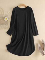 ZANZEA Women Elegant Dresses Solid O-Neck Long Sleeve Vintage Knee Length Dress Fashion Holiday Casual Loose Ladies Vestido Plus Size