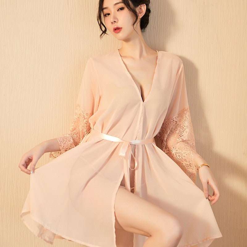 Sexy lingerie sexy ice silk bathrobe pajamas nightdress sweat steaming suit XL beauty 19158