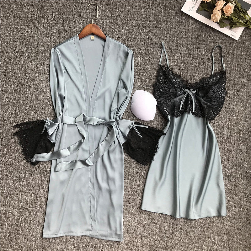 women Sleepwear set summer Ice silk Satin Pajamas 2-piece set  V-Neck Lace Sling nightdress and Bathrobe set female homewear solid color casual Pajama