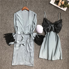 women Sleepwear set summer Ice silk Satin Pajamas 2-piece set  V-Neck Lace Sling nightdress and Bathrobe set female homewear solid color casual Pajama