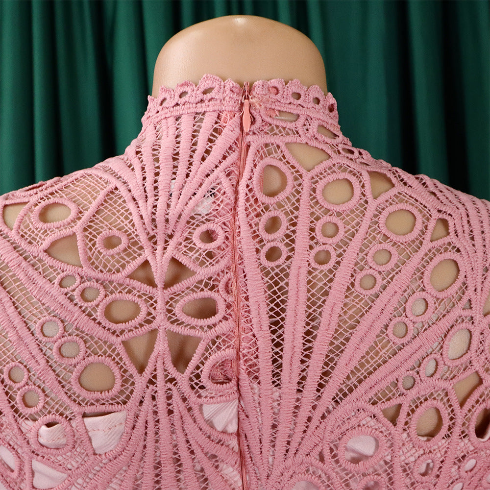 Large size lace crochet sexy  pleated European and American dress dress (with belt)