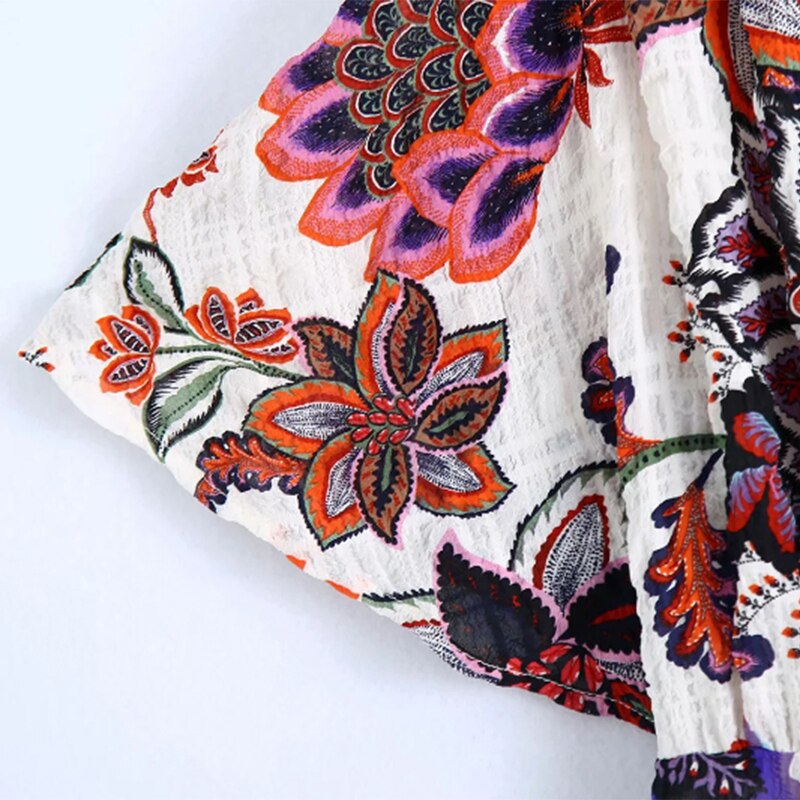 Women Boho Style Floral Printed Midi Dresses V Neck Short Sleeve Vintage Dresses Female Elegant A Line Party Dress