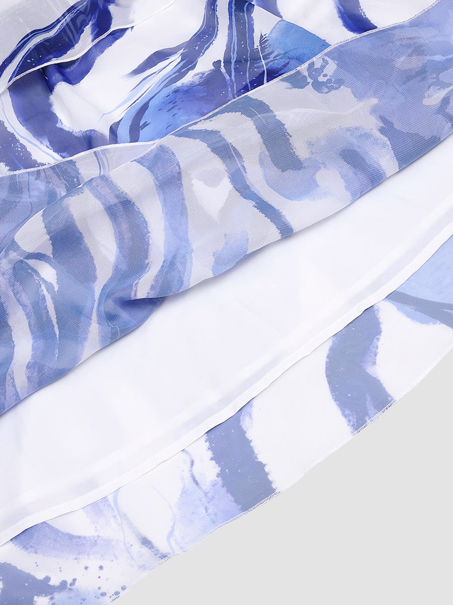 Printed Chiffon Bow Cake Skirt Dress