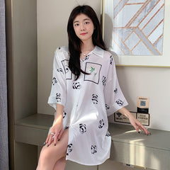 Cute  National Treasure  Pajamas Shirt Collar Nightdress Simple Huaer Cotton Home Service
