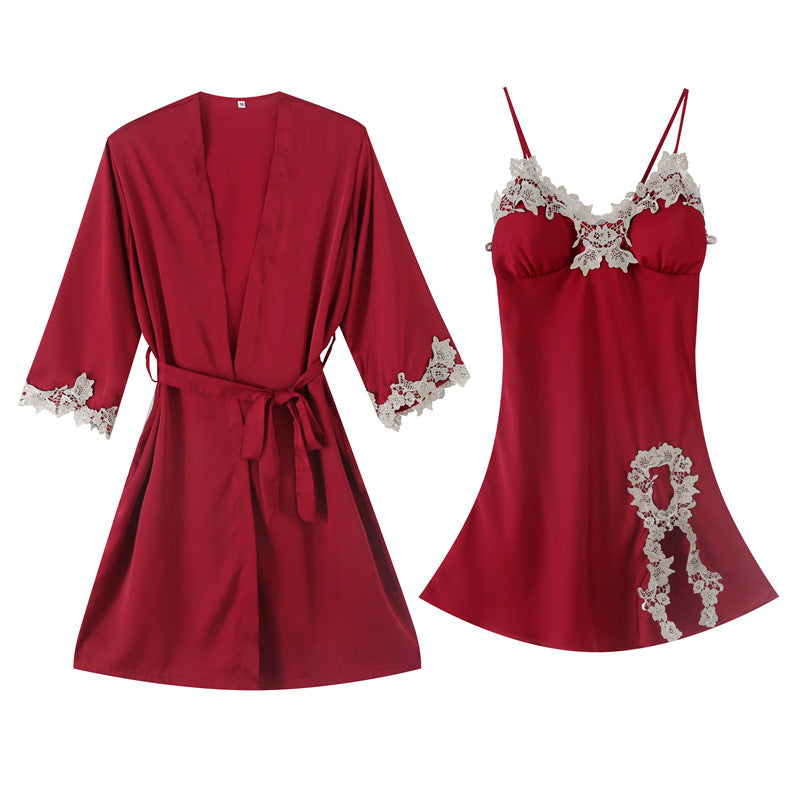 2PCS Pajamas Set Womens Long Sleeve Nighty Robe V-Neck Sleep Wear Pijama Home Nightie Sexy Bathrobe Gown Suit vest with Chest Pad Silk Slip Nightdress