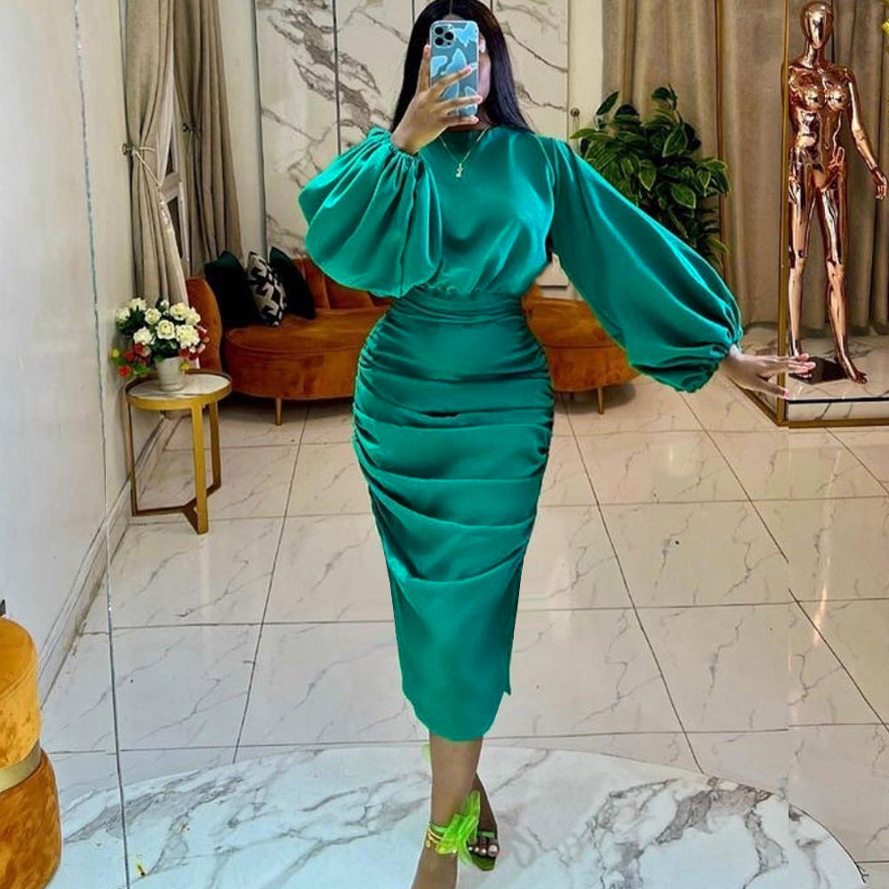 AOMEI Women Shiny Dress Green Long Sleeve Bodycon Satin Folds Midi Elegant Big Size Evening Christmas Party Birthday Outfits New