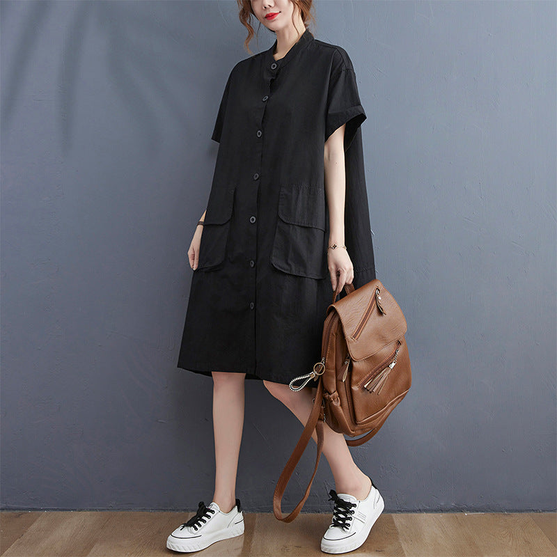 Large size  solid color dress literary retro fat MM small stand collar button pocket casual skirt