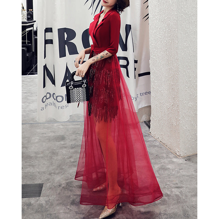 Women's front short and back long fashionable party dress V-neck mid-sleeve fringed sequin birthday party dress Slim bag hip skirt