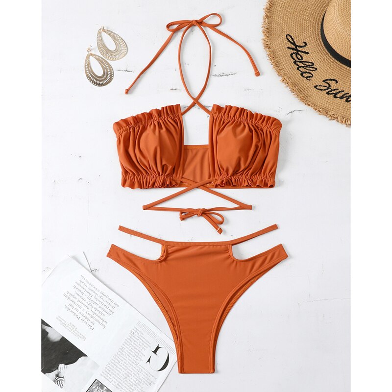 2022 Brown Ruffled  Swimsuit Women Sexy Cross Halter Two Piece Bikinis Set Swimwear Female Bathing Suits Beachwear Biquini