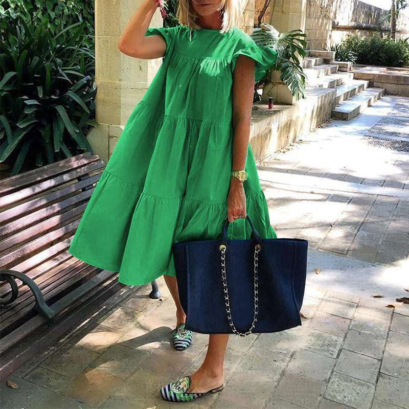 2023 New Summer Boho Dress Women Solid Color Short Sleeve Ruffle Midi Dress Women Casual Holly Beach Party Dress