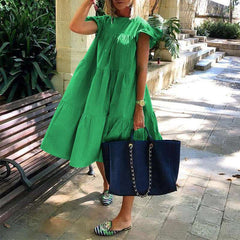 2023 New Summer Boho Dress Women Solid Color Short Sleeve Ruffle Midi Dress Women Casual Holly Beach Party Dress