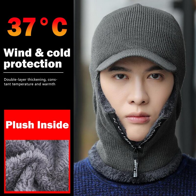 Men Winter Warm Wool Hat Outdoor Hiking Cycling Ski Warm Thick   Cap Scarf Windproof Cap Ear Protection  gorras