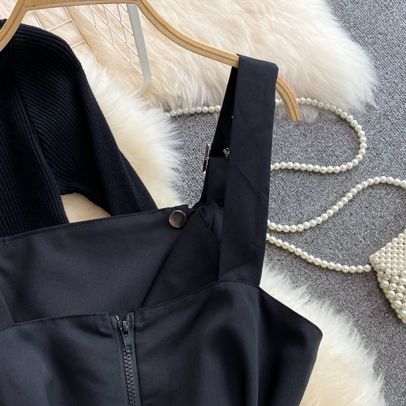 Autumn black stand-up collar tight  bottoming shirt two-piece suit  waisted splicing  fringe suspender dress