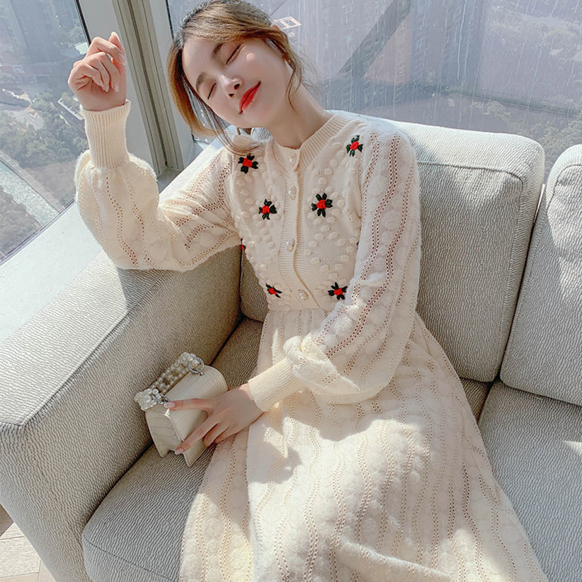 dress 2023 new gentle wind over the knee long section age-reducing sweet sweater dress