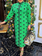 فساتين VONDA Women Boho Vintage Wave Point المطبوعة بطول الكاحل Sping الخريف غير رسمية فضفاضة وياقة واقفة وأكمام طويلة