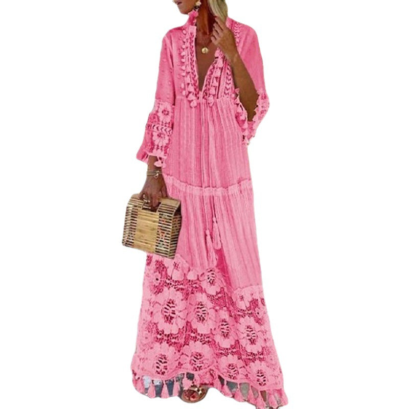 فستان بوهو ستايل جديد مزين بالدانتيل وخياطة لقضاء العطلات على الشاطئ وتنورة طويلة 