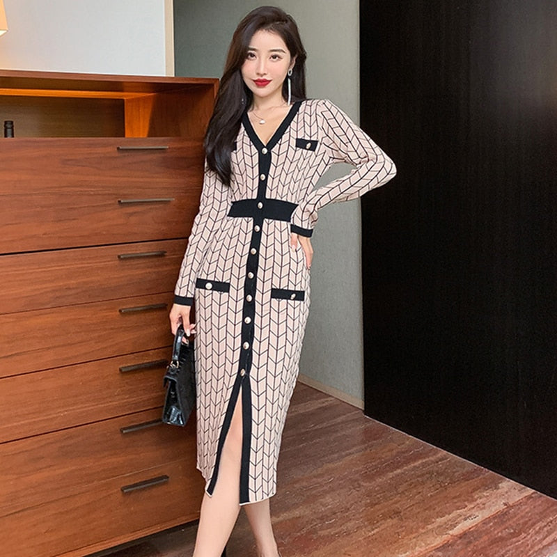Fashion Women Vintage V-Neck Single-breasted Midi Knitted Dress Elegant Streetwear Plaid Bodycon Skinny Sweater Female Dress