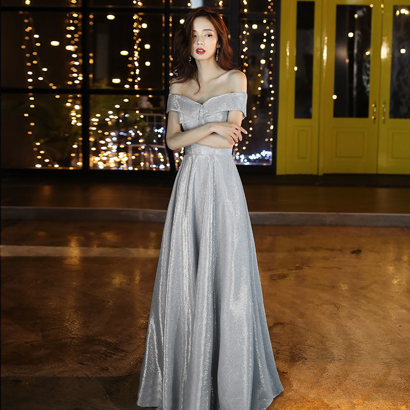 One-shoulder annual meeting evening dress female 2022 new temperament light luxury niche banquet design sense host bridesmaid dress