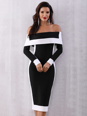 Sexy Off Shoulder Slash Neck Bodycon Dress Patchwork Black White Runway Evening Party Dress Women Elegant Nightclub Pencil Dress